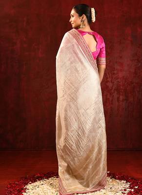Light gold pink embroidered tissue saree set 5