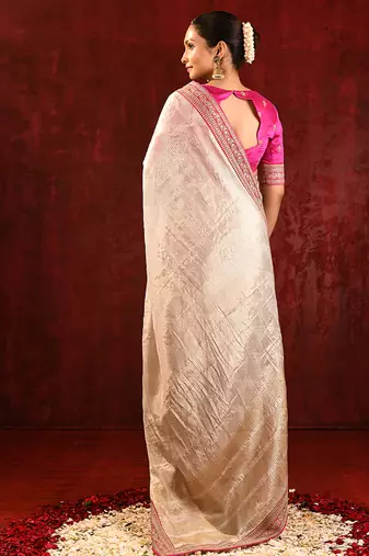 Light gold pink embroidered tissue saree set