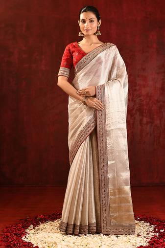 Light gold red embroidered tissue saree set