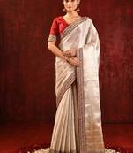 Light gold red embroidered tissue saree set