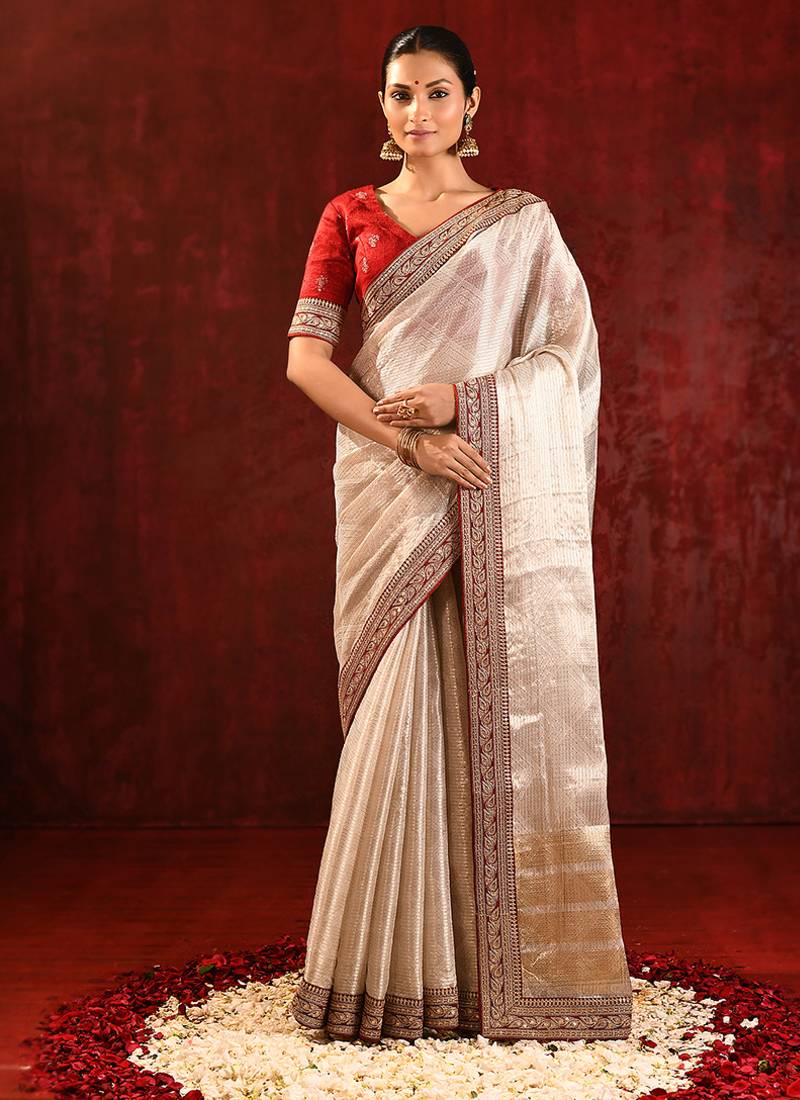 Light gold red embroidered tissue saree set