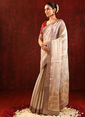 Light gold red embroidered tissue saree set 2