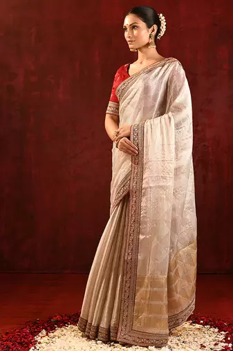Light gold red embroidered tissue saree set