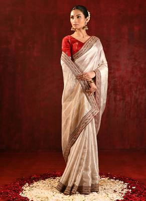 Light gold red embroidered tissue saree set 3