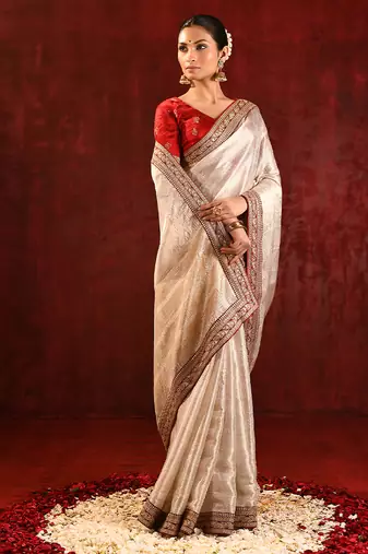 Light gold red embroidered tissue saree set