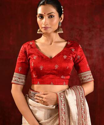 Light gold red embroidered tissue saree set 4