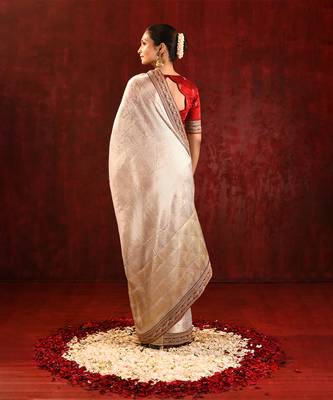 Light gold red embroidered tissue saree set 5
