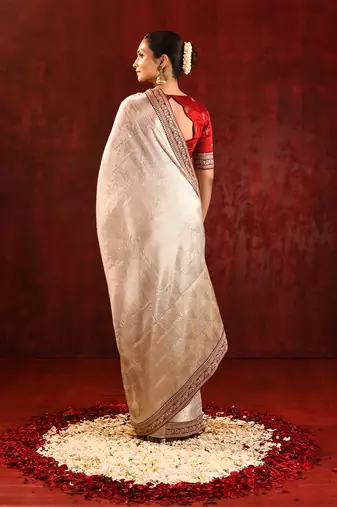 Light gold red embroidered tissue saree set