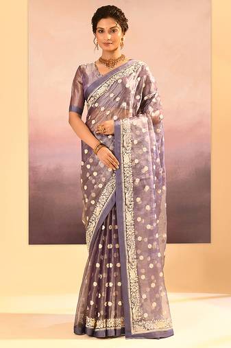 Lavender grey embroidered tissue saree set