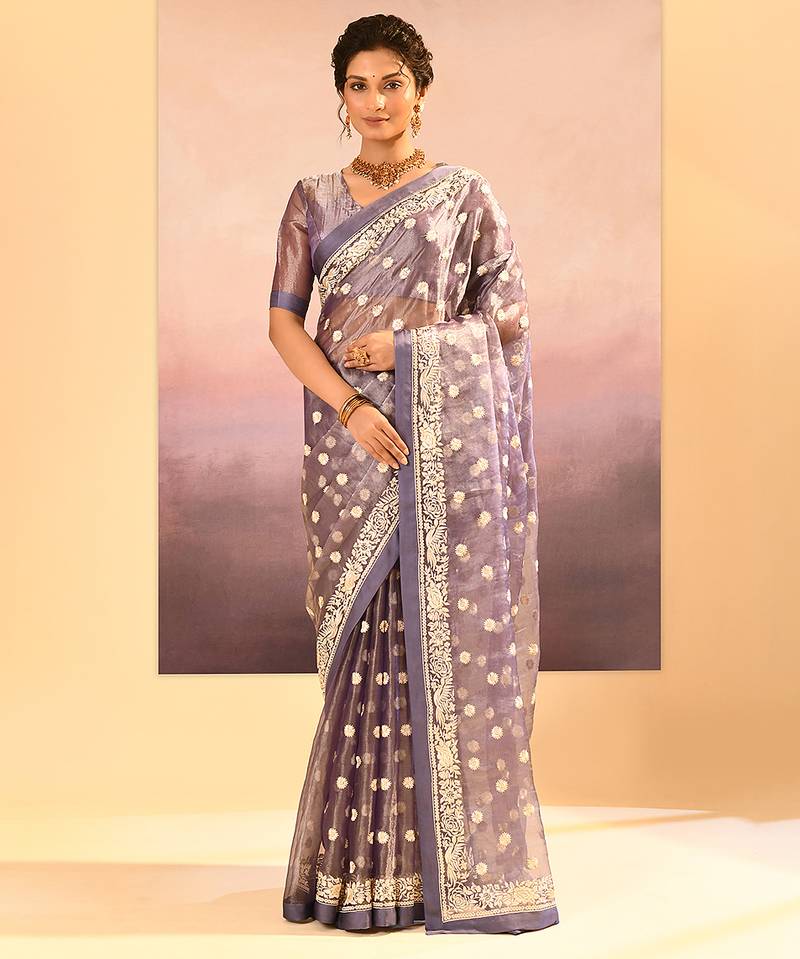 Lavender grey embroidered tissue saree set