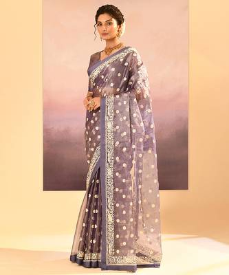 Lavender grey embroidered tissue saree set 2