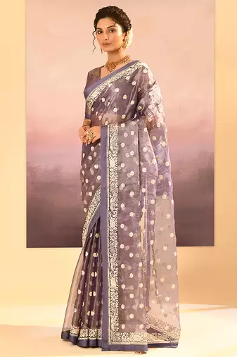 Lavender grey embroidered tissue saree set