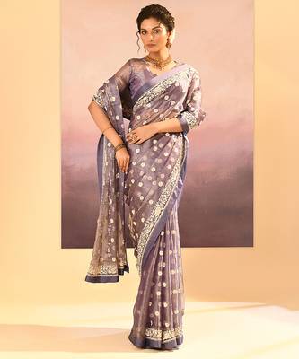 Lavender grey embroidered tissue saree set 3