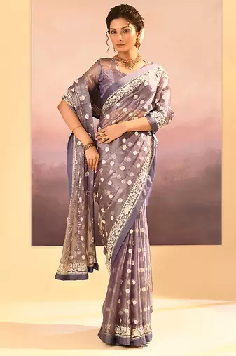 Lavender grey embroidered tissue saree set