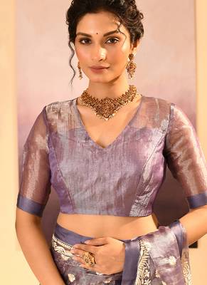 Lavender grey embroidered tissue saree set 4