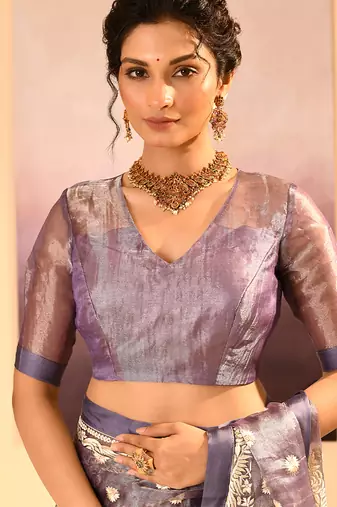 Lavender grey embroidered tissue saree set