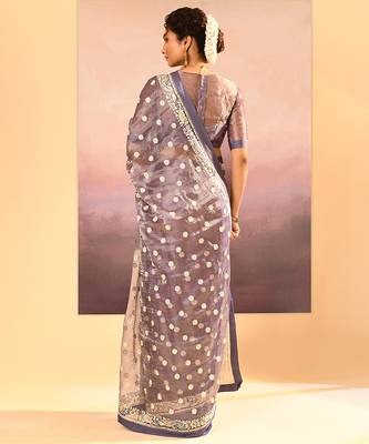 Lavender grey embroidered tissue saree set 5