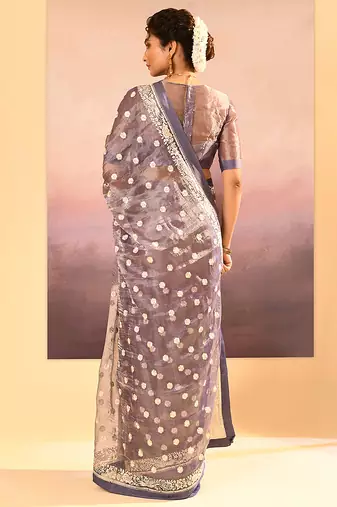 Lavender grey embroidered tissue saree set