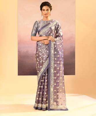 Lavender grey embroidered tissue saree set 1