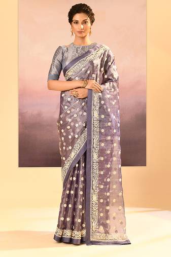 Lavender grey embroidered tissue saree set