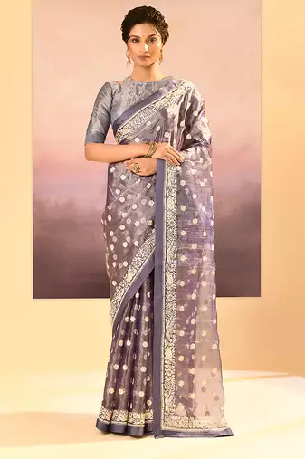 Lavender grey embroidered tissue saree set