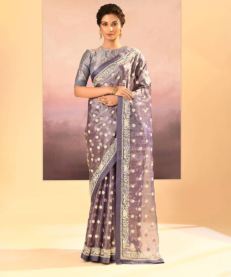Lavender grey embroidered tissue saree set