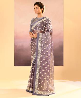 Lavender grey embroidered tissue saree set 2