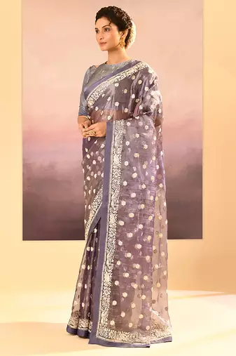 Lavender grey embroidered tissue saree set