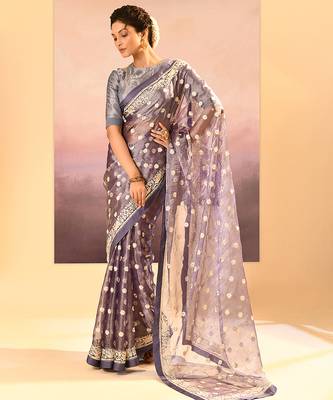 Lavender grey embroidered tissue saree set 3