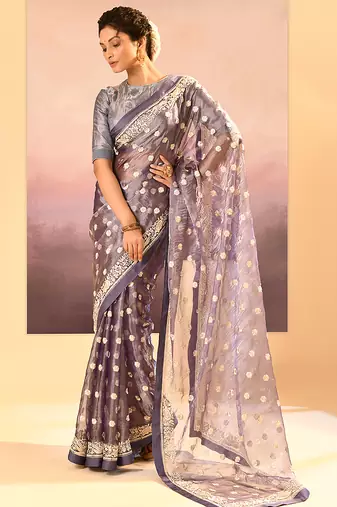 Lavender grey embroidered tissue saree set