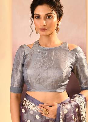 Lavender grey embroidered tissue saree set 4