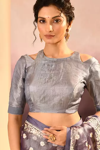 Lavender grey embroidered tissue saree set