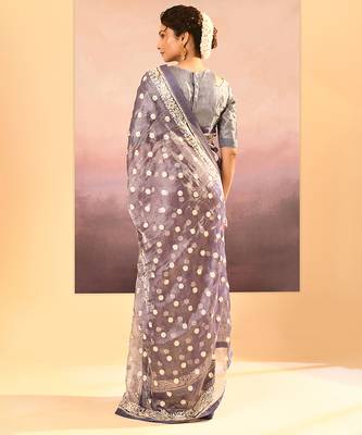 Lavender grey embroidered tissue saree set 5