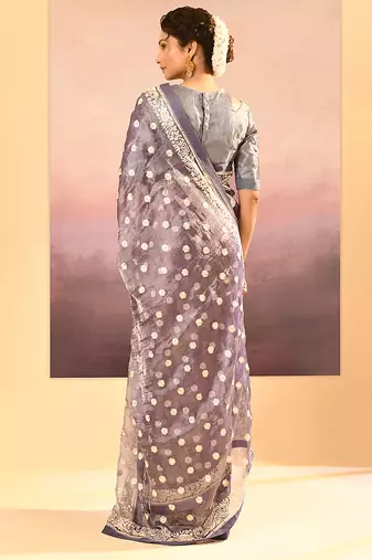Lavender grey embroidered tissue saree set