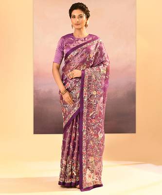 Deep purple embroidered tissue saree set 1