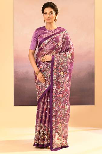Deep purple embroidered tissue saree set