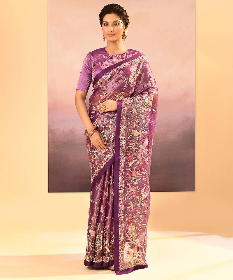Deep purple embroidered tissue saree set