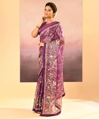 Deep purple embroidered tissue saree set 2