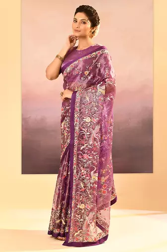 Deep purple embroidered tissue saree set