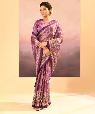 Deep purple embroidered tissue saree set 3