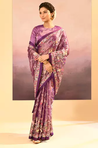 Deep purple embroidered tissue saree set