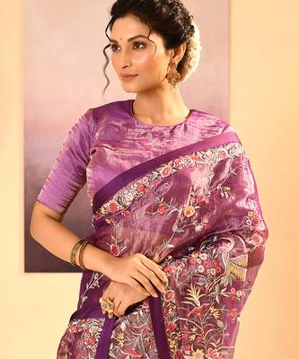 Deep purple embroidered tissue saree set 4
