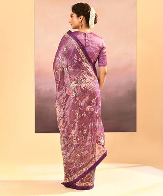 Deep purple embroidered tissue saree set 5
