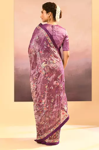 Deep purple embroidered tissue saree set