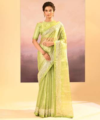 Lime green embroidered tissue saree set 1