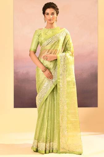 Lime green embroidered tissue saree set