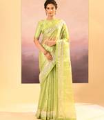 Lime green embroidered tissue saree set