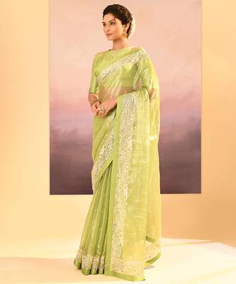 Lime green embroidered tissue saree set 2