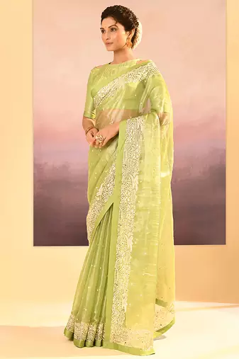 Lime green embroidered tissue saree set