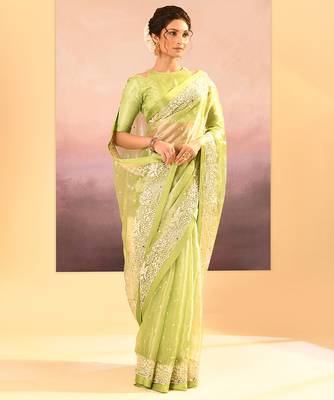 Lime green embroidered tissue saree set 3